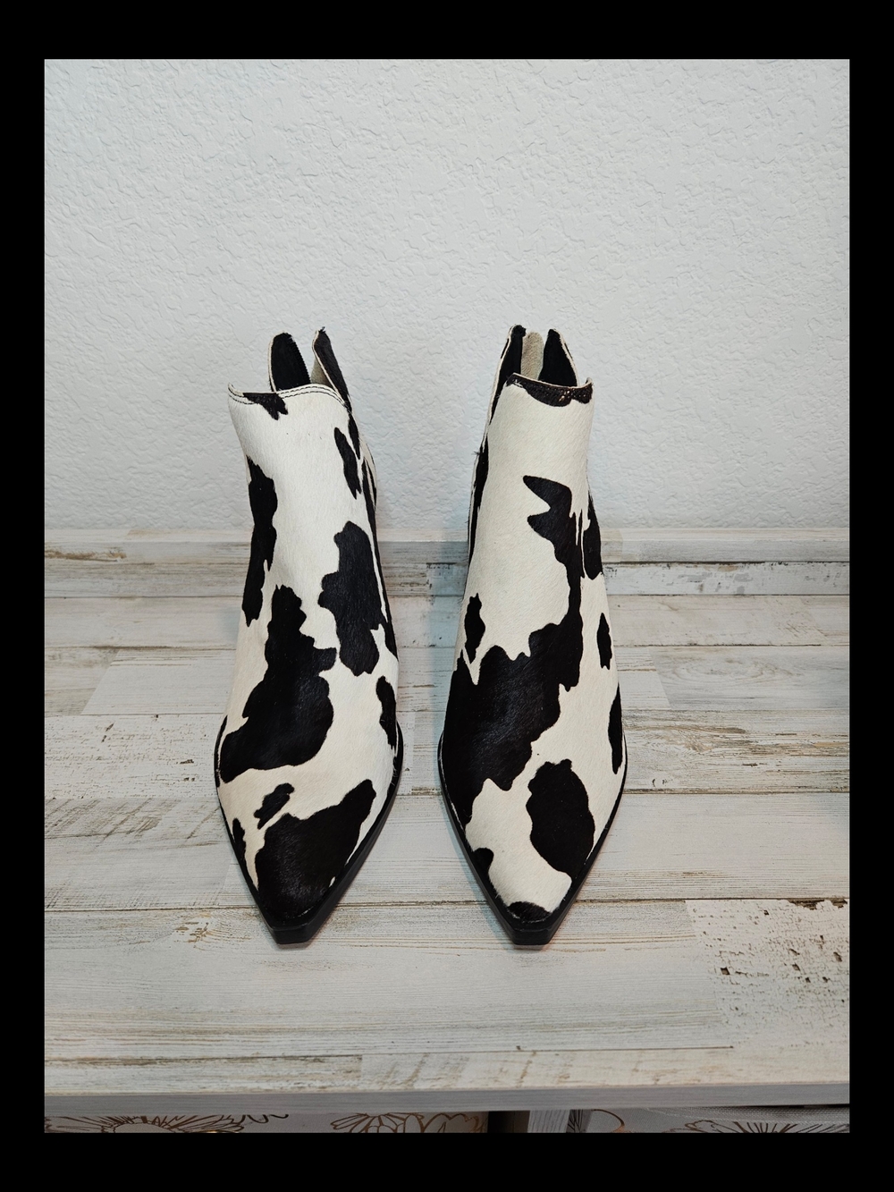 Steve Madden 'Rookie' Cow Hair Black White Leather Block Heel Bootie Women's 8M
